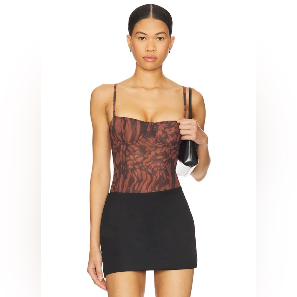 Good American Mesh Bustier Bodysuit in Java Warped Leopard